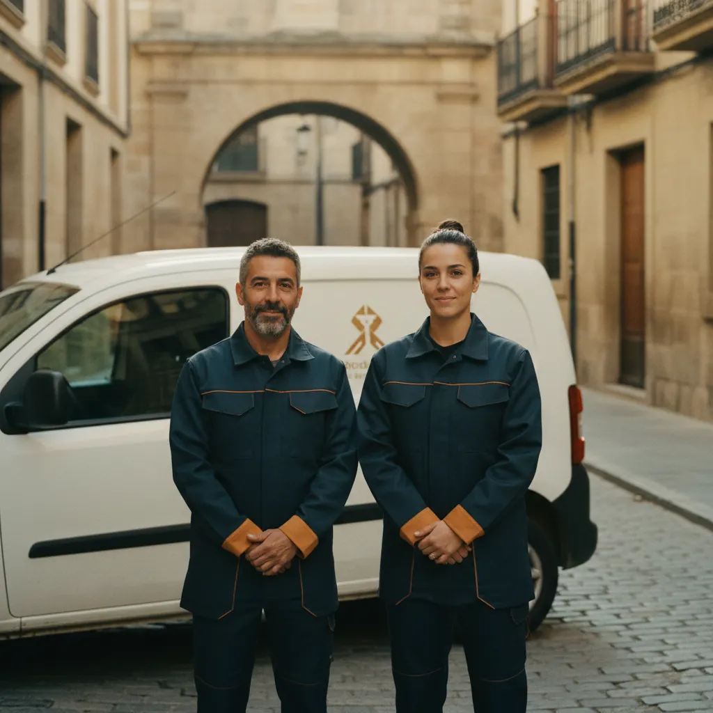 Equipo de Fontacua frente a su furgoneta de servicio en Burgos