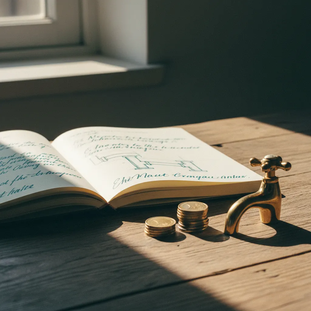 Cuaderno con presupuesto manuscrito y monedas de euro